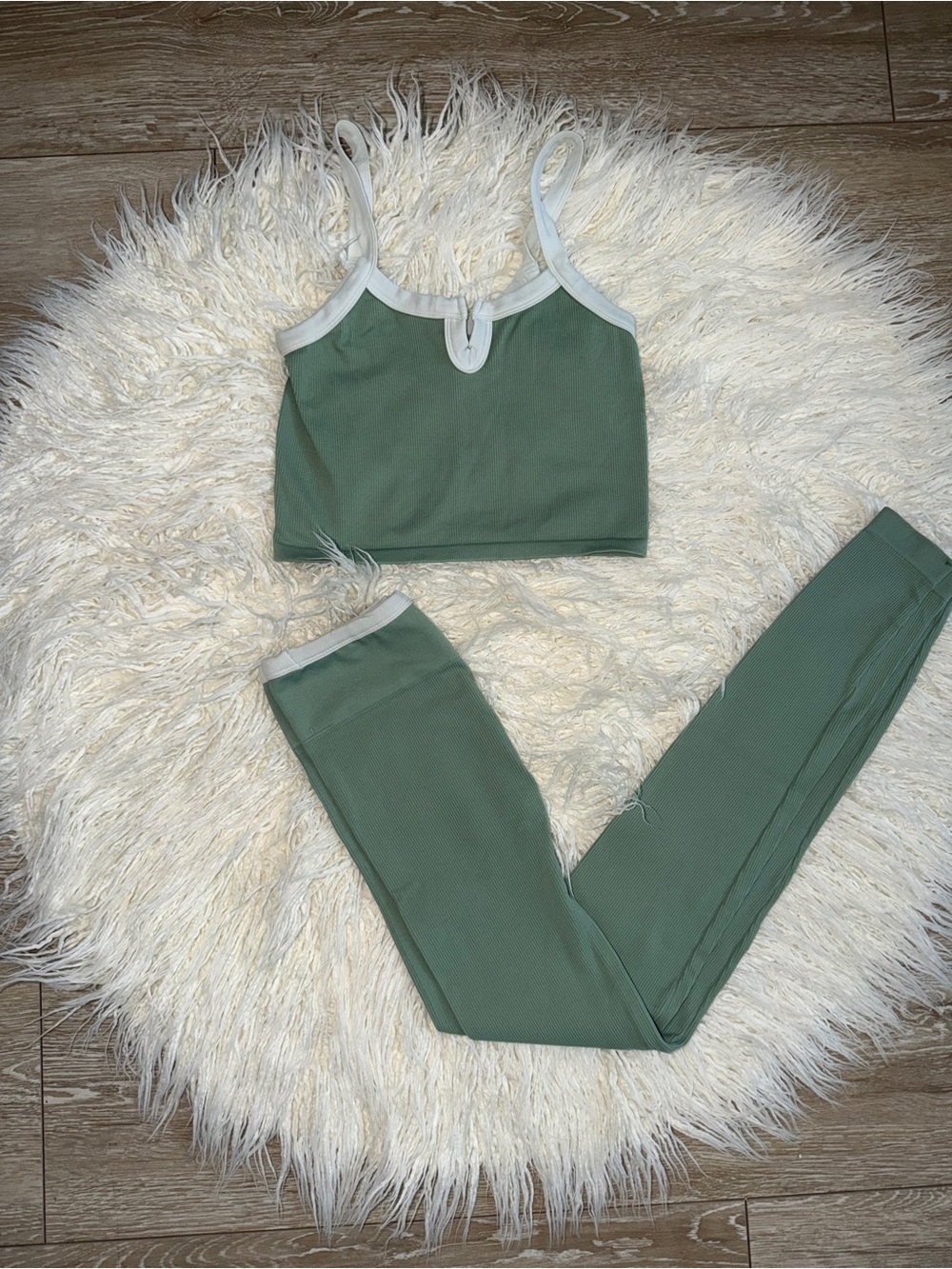Sage Green Ribbed Active Set with White Trim